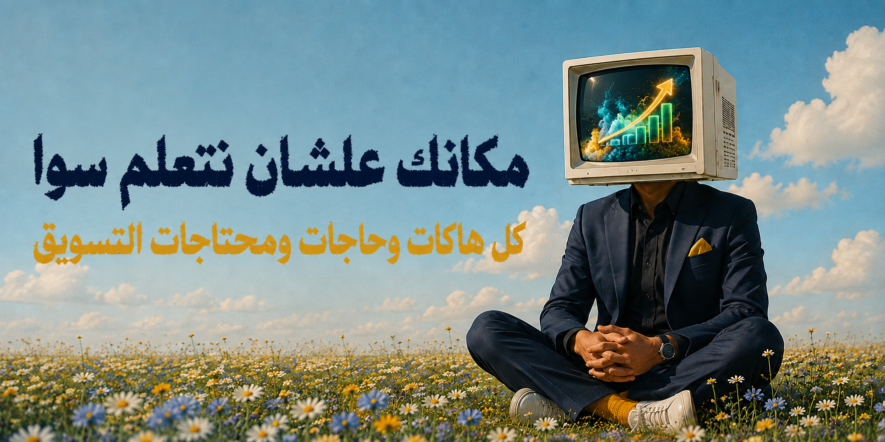 A man in a navy suit sits cross-legged in a flower field under a blue sky, with a vintage television set for a head. Arabic text overlays the left side, and the TV screen displays colorful bar graphs.