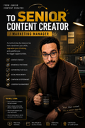 A promotional cover-style graphic for a content creator course titled 'To Senior Content Creator / Marketing Manager.' The design features a man in a brown blazer holding a mug, with large yellow and white title text, bullet points about learning topics, and dark background panels showing charts and screens.