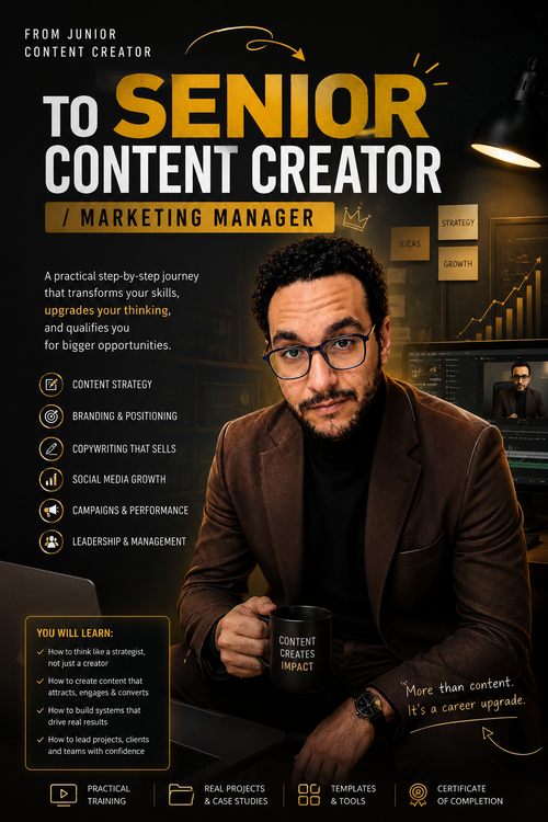 A promotional cover-style graphic for a content creator course titled 'To Senior Content Creator / Marketing Manager.' The design features a man in a brown blazer holding a mug, with large yellow and white title text, bullet points about learning topics, and dark background panels showing charts and screens.